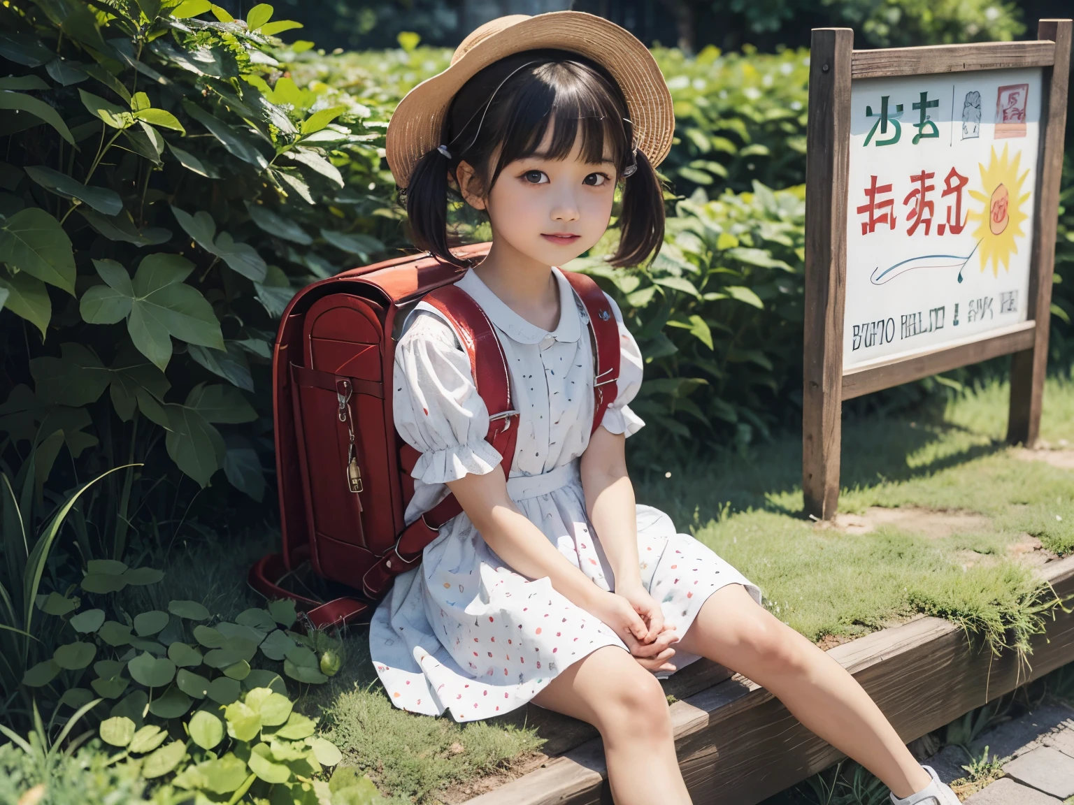 masterpiece, realistic highest quality, High resolution, very detailed, detailed background, cinematic lighting, 1 girl,, Asian girl, looking at the viewer, barefoot,cute dress, polkadot, sitting, short sleeve, looking at the viewer, Grass, short hair, smile, blonde hair, medium hair, sun hats, twintails, plump sleeves, outdoor, puffy short sleeve, bangs, full body, wearing red Backpack, (Backpack:1.2), white dress, brown eyes