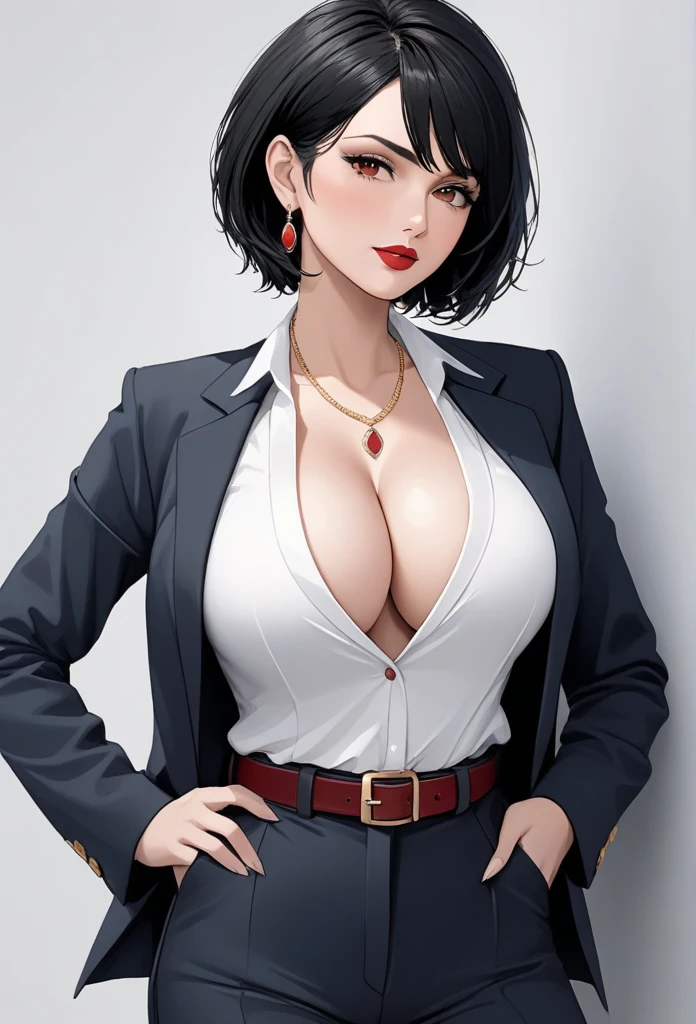 photorealistic, high resolution, 1women, mature female, solo, hips up, black hair, short hair, longsleeve white shirt, belt, pants, police, cleavage, (downblouse), necklace,sharp jawline,makeup, indian jhumka earrings,red lipstick , blazer 