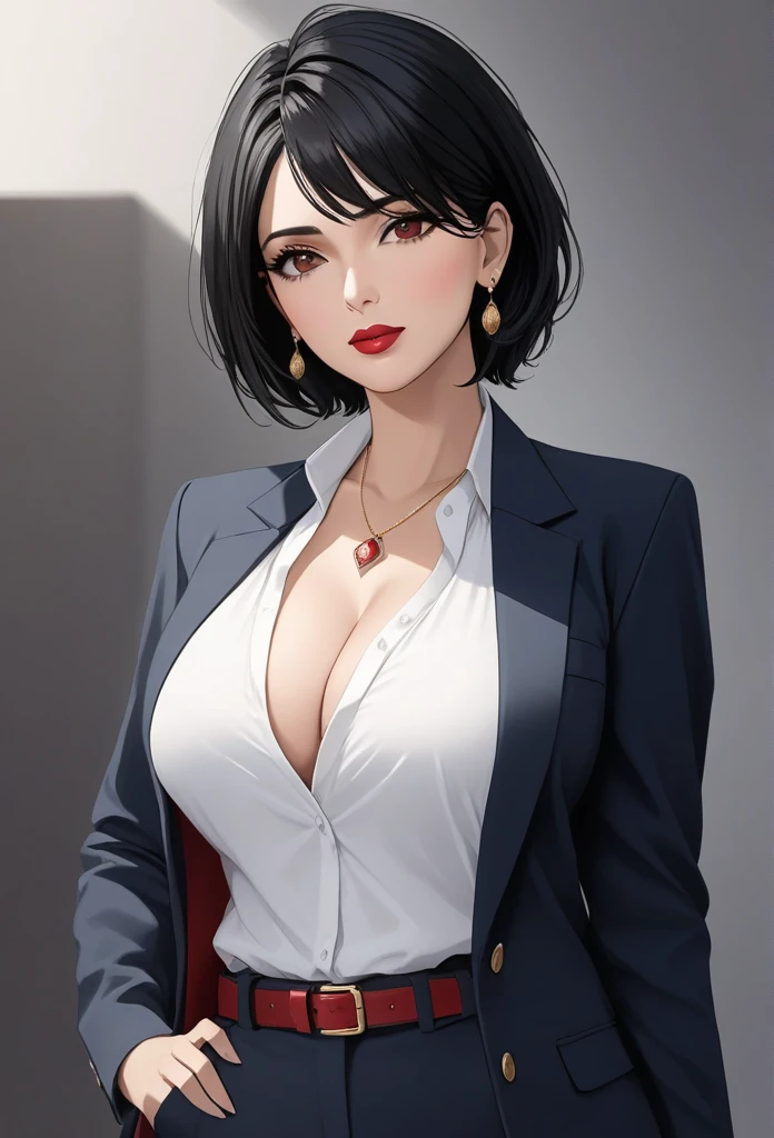 photorealistic, high resolution, 1women, mature female, solo, hips up, black hair, short hair, longsleeve white shirt, belt, pants, police, cleavage, (downblouse), necklace,sharp jawline,makeup, indian jhumka earrings,red lipstick , blazer
