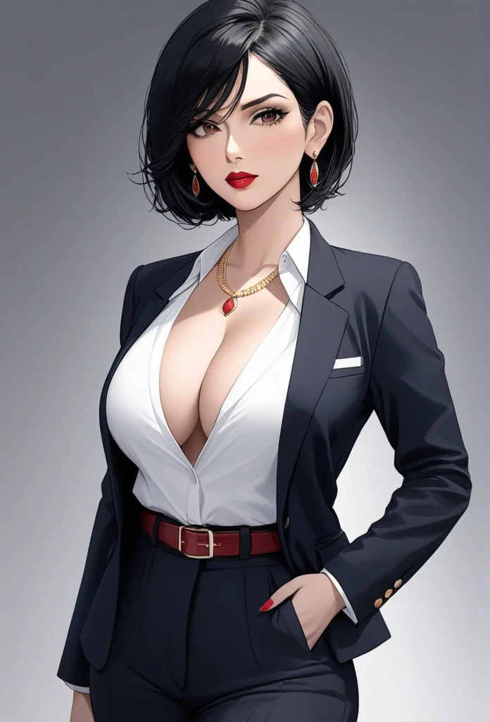 photorealistic, high resolution, 1women, mature female, solo, hips up, black hair, short hair, longsleeve white shirt, belt, pants, police, cleavage, (downblouse), necklace,sharp jawline,makeup, indian jhumka earrings,red lipstick , blazer