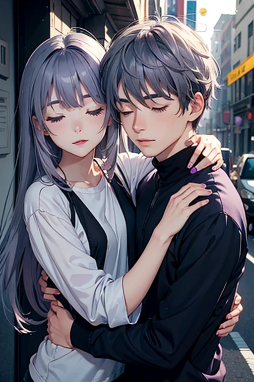 Girl with long light Purple-Grayish hair, and boy whit medium dark blue hair, they are hugging both eyes closed