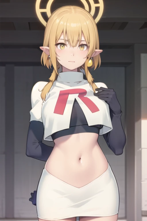 (Masterpiece), (realistic skin texture), extremely detailed, best quality, woman, short hair, blonde hair, yellow eyes, long twintails, pointy ears, halo, gold and purple earrings, team rocket,team rocket uniform,white skirt,red letter R,crop top,black thigh-highs,black elbow gloves