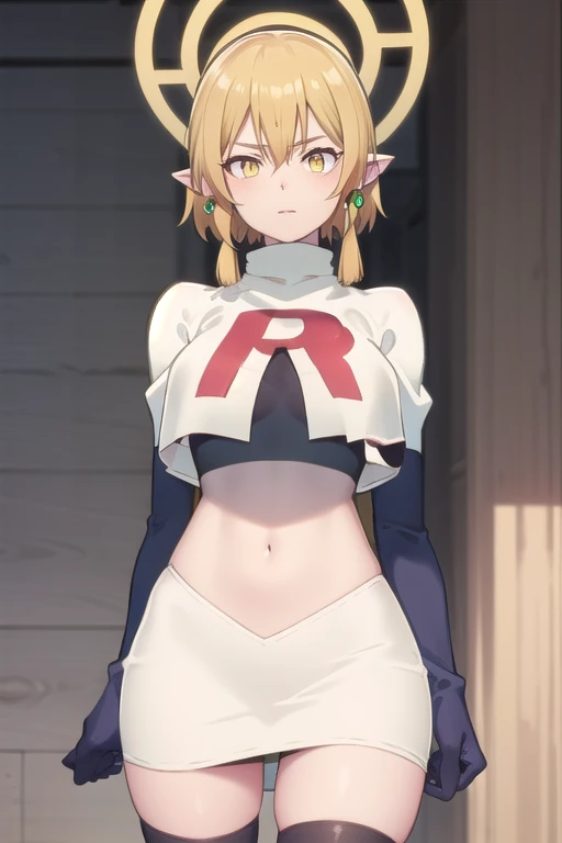 (Masterpiece), (realistic skin texture), extremely detailed, best quality, woman, short hair, blonde hair, yellow eyes, long twintails, pointy ears, halo, gold and purple earrings, team rocket,team rocket uniform,white skirt,red letter R,crop top,black thigh-highs,black elbow gloves