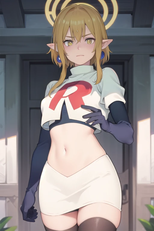 (Masterpiece), (realistic skin texture), extremely detailed, best quality, woman, short hair, blonde hair, yellow eyes, long twintails, pointy ears, halo, gold and purple earrings, team rocket,team rocket uniform,white skirt,red letter R,crop top,black thigh-highs,black elbow gloves