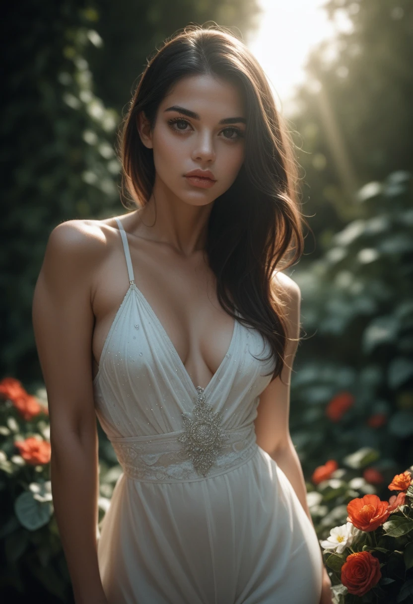 a beautiful young woman with an athletic physique and accentuated curves, with straight dark hair, posing in a flower garden, beautiful detailed eyes, beautiful detailed lips, extremely detailed face, long eyelashes, beautiful curvy body, athletic fit, cinematic lighting, high contrast, chiaroscuro lighting, dramatic atmosphere, moody lighting, dramatic shadows, editorial style, fashion photography, high quality photography, glamor photography, sensual portrait, and full body, posing