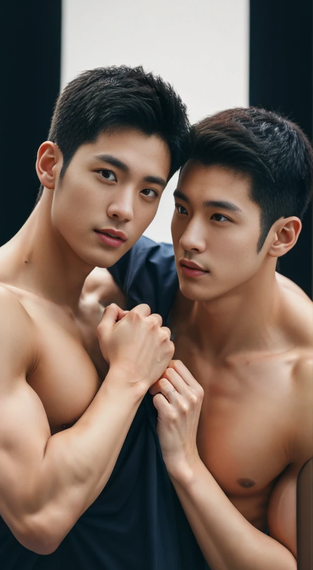 Two gay men in their 20s taking a group photo...., Wear a navy shirt......................, high resolution, masterpiece, best quality, head:1.3,((Hasselblad photos)), fine skin, Full chest muscles，abdominal muscles，Shirtless，very handsome，clear focus, (Cinema lighting), at night, soft light, dynamic angle, [:(Detailed face:1.2):0.2],(((exercise))), sports, Arm muscles are very big........., hands on hips.
