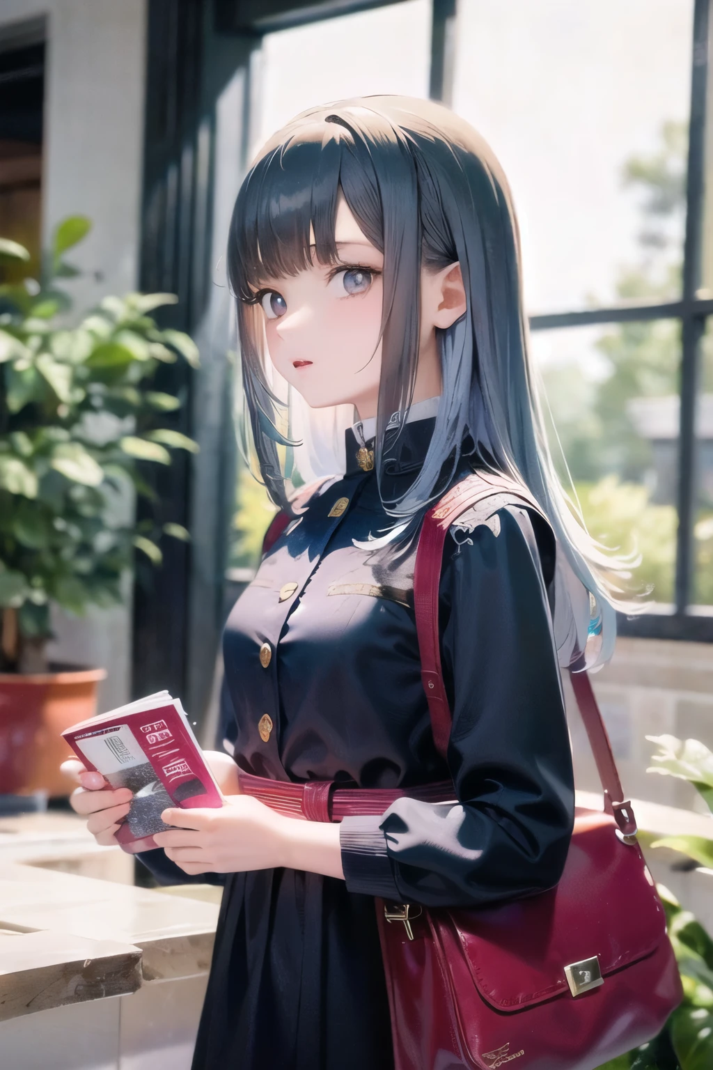 A girl around 13 years old, a little more mature, active and casually dressed, with medium-long light ash blue hair and beautiful jade-colored almond eyes, about 125cm tall, in the lobby of an outer space relay spaceport, there are a moderate number of people behind her, a check-in counter in the far right, a potted plant, a planet visible through the window to the left, she is holding a travel bag, standing to the right, facing left and looking out the window