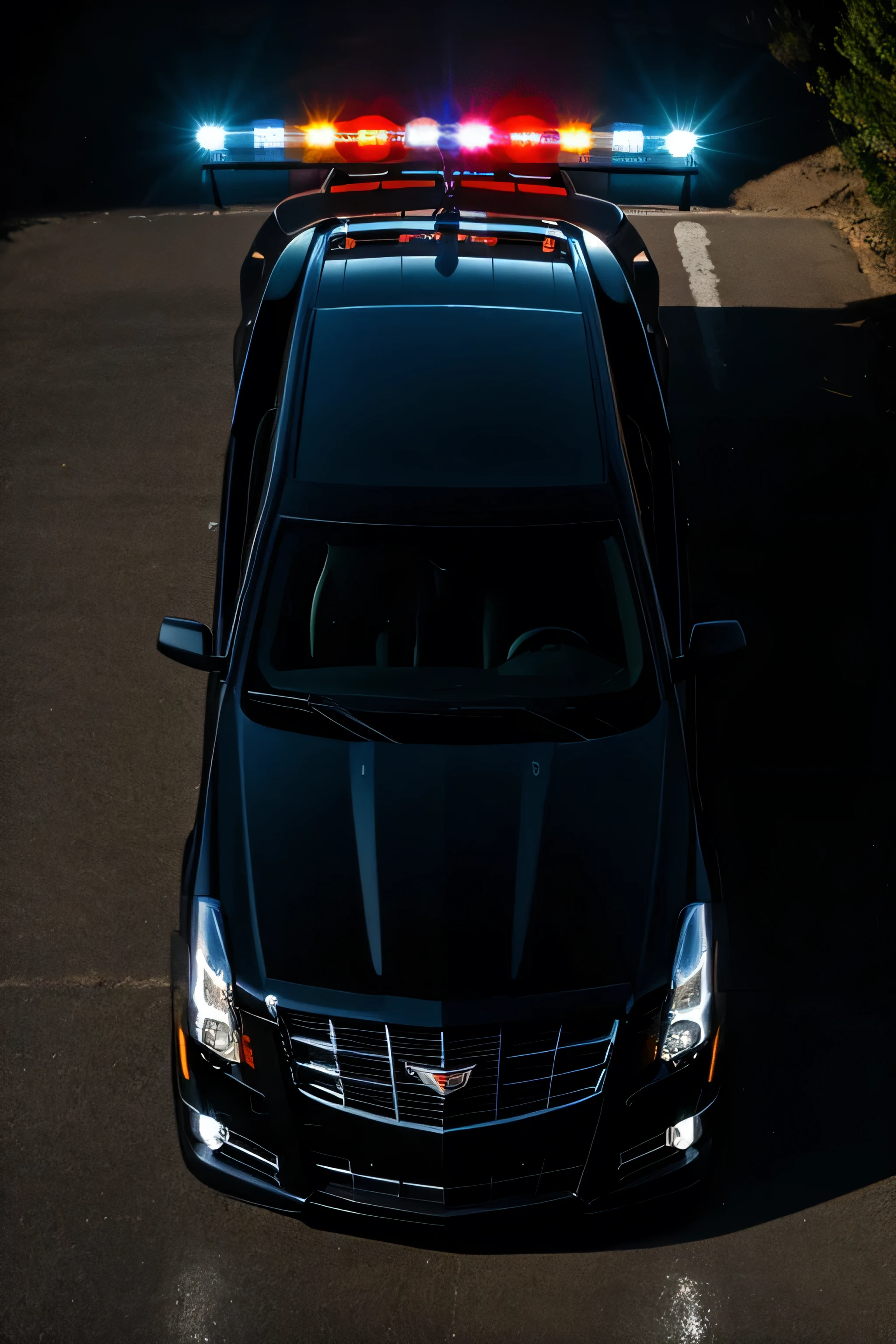 A black V-series cadillac with police lights