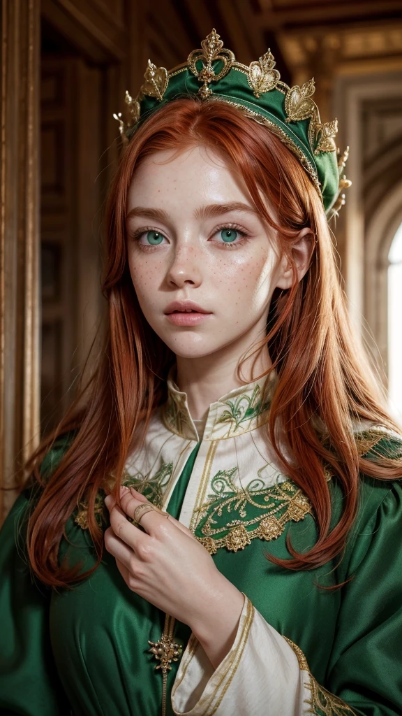 natural redhead woman, the presence of freckles on his face,, Green Eyes, Royal costumes of the 15th century