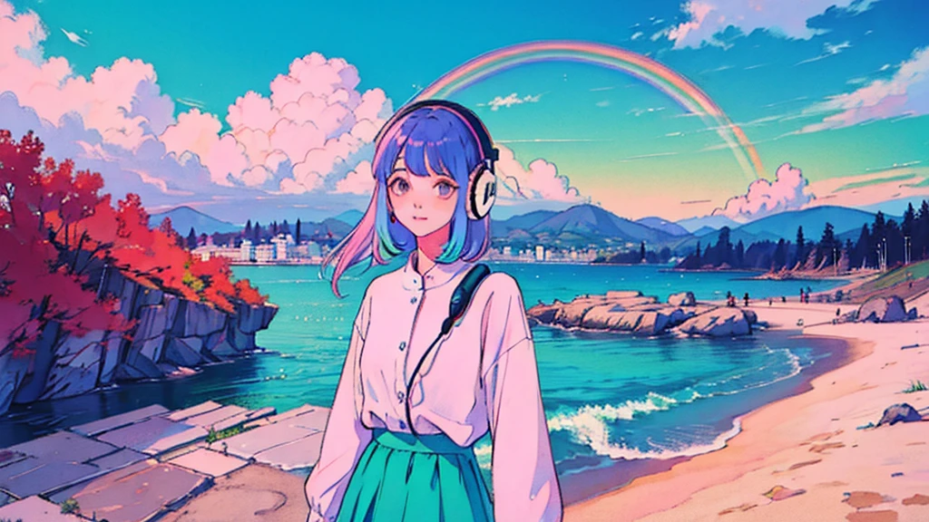 cute、pastel colour、Landscape、View your viewers、One Girl、Headphones、Rainbow Hair、Near future、Nostalgic