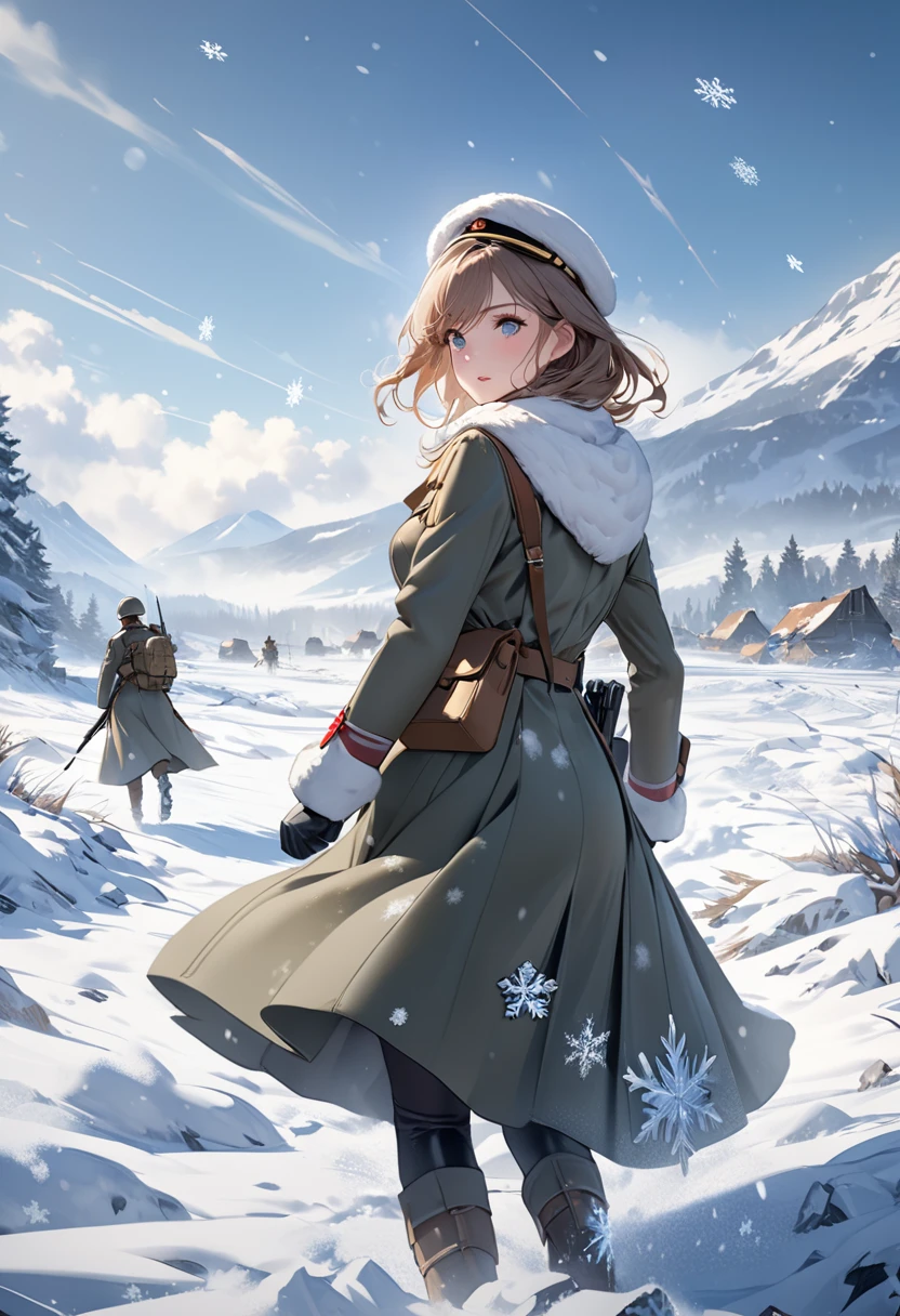 Depicting the winter battlefield scenery of World War II,A girl soldier from the former German army is walking alone through a snowy battlefield.A beautiful and fantastical depiction of a winter battlefield, with snowflakes dancing beautifully in front of the camera.High quality, high definition, (masterpiece, best quality, 4k, 8k:1.5) , ultra detail,Ultra-fine painting, movie-like scenery, fantastic riding,