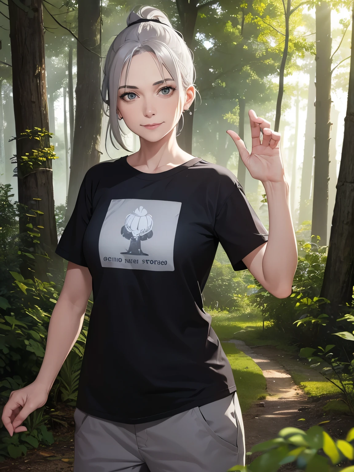 1old woman,white skin,50 years old,solo,Narrow eyes,grey hair, medium hair,ponytail,Short green t-shirt, black trousers,slight smile, Wave hands,standing in forest, half body photo
