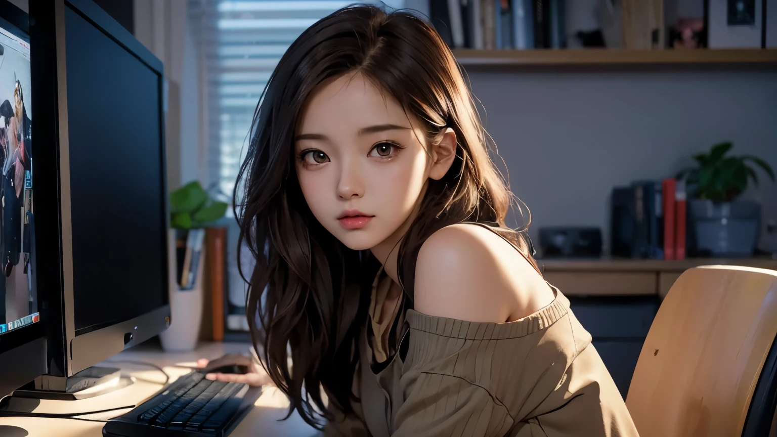 Anime girl sitting at desk with computer and keyboard, Digital anime illustration, Realistic art style, Digital anime art, Cute and detailed digital art, detailed Digital anime art, Realistic art style, Realistic anime art style, Realistic Anime 3D Style, Anime Style. 8k, Beautiful digital illustrations, 🤤 Portrait of a Girl, Manga style illustration, Cute digital art