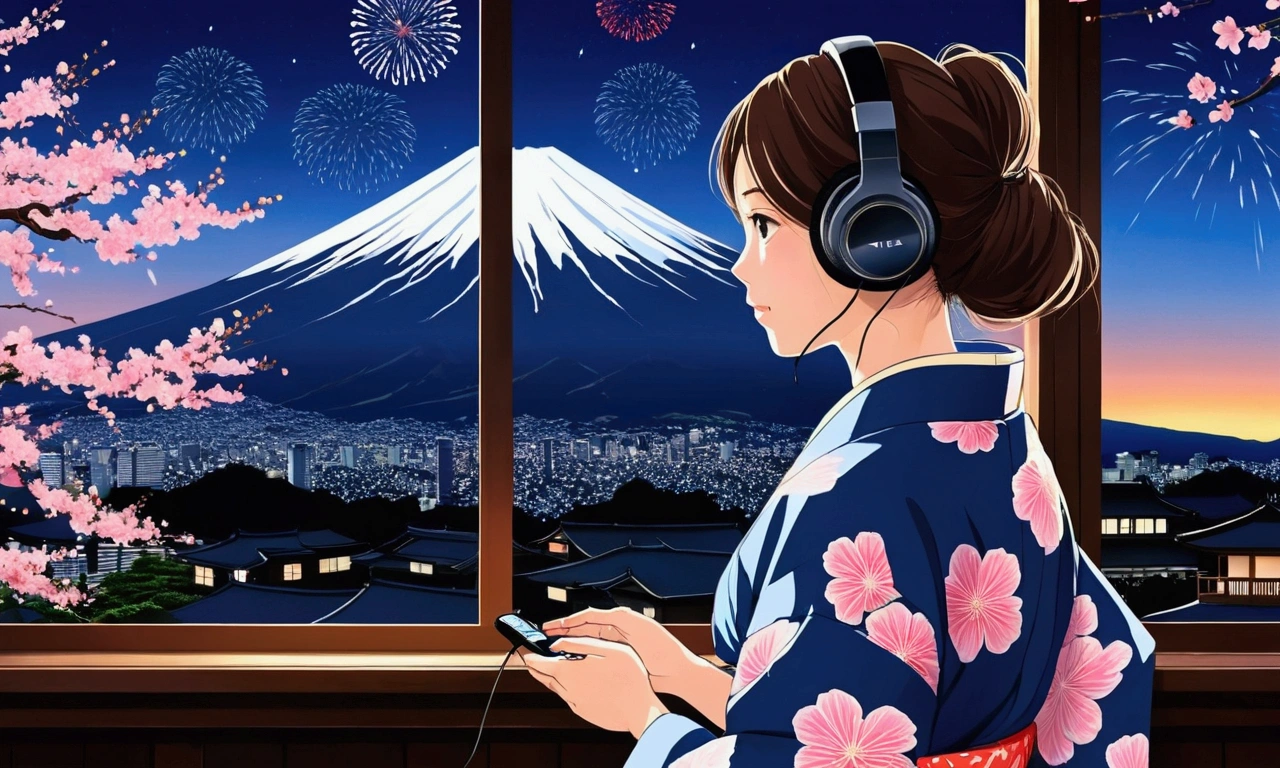 A girl wearing a yukata and listening to music with black headphones. Outside the large window you can see Mt. Fuji and fireworks at night. Anime style. The pattern on the yukata is cherry blossoms.