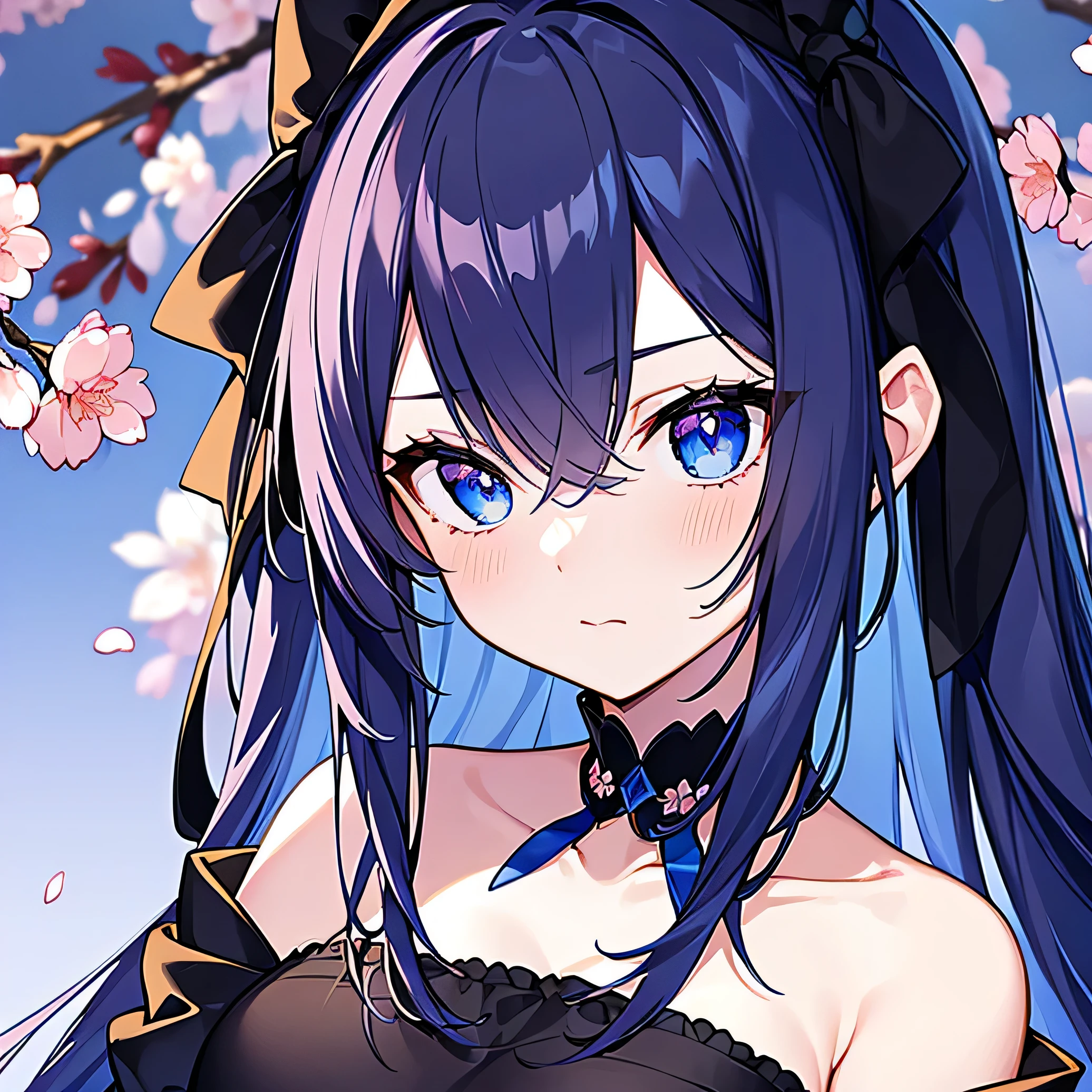 ((best quality)), ((masterpiece)), (detailed), 1girl, black dress, cobalt blue hair, blue eyes, cherry blossoms, blue background, nighttime, sad face