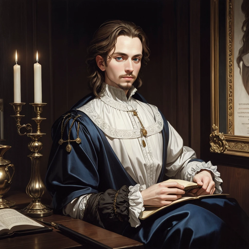 Portrait of Christopher Marlowe, white skin, piercing icy blue eyes, silky golden-brown hair, refined features, charp jawline, clean shaved, Elizabethan clothes, Shakespearen clothes, black Elizabethan velvet jerkin, white laced shirt, soft light, candlelight, chiaroscuro, masterpiece, oil painting, oil on canvas, Renaissance, Caravaggio style, realism, high quality