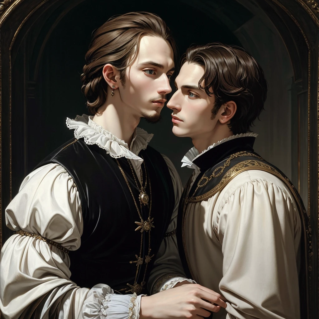 Portrait of Christopher Marlowe, white skin, piercing icy blue eyes, silky golden-brown hair, refined features, charp jawline, clean shaved, Elizabethan clothes, Shakespearen clothes, black Elizabethan velvet jerkin, white laced shirt, soft light, candlelight, chiaroscuro, masterpiece, oil painting, oil on canvas, Renaissance, Caravaggio style, realism, high quality