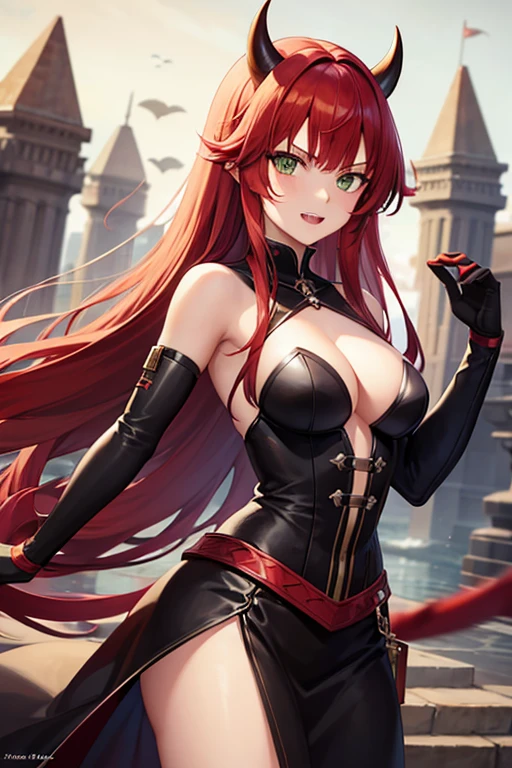 young woman, greeneyes, Long red hair, dark warrior, black horns on head, Tailpussy, saber teeth