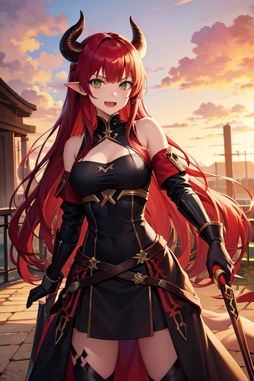 young woman, greeneyes, Long red hair, dark warrior, black horns on head, Tailpussy, saber teeth