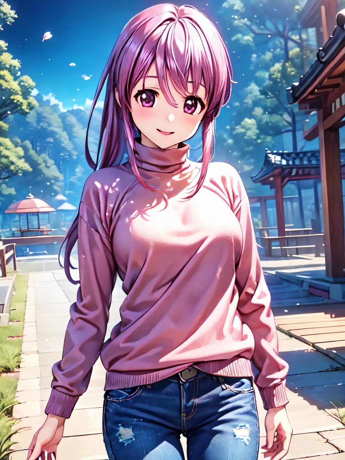 masterpiece,(Anime illustration style),Photographed from the front、Highest quality,Very detailed,Outdoor,One Girl, Closed Mouth、smile、
original girl_otome, Are standing、Pink long hair, Beautiful pink eyes,sweater, pink sweater, turtleneck, Long sleeve,jeans、smile、Brown Hair,4K,8k,(Realistic, Genuine, Genuine的、Realistic:1.3), ((Highest quality)、 Cowboy Shot,