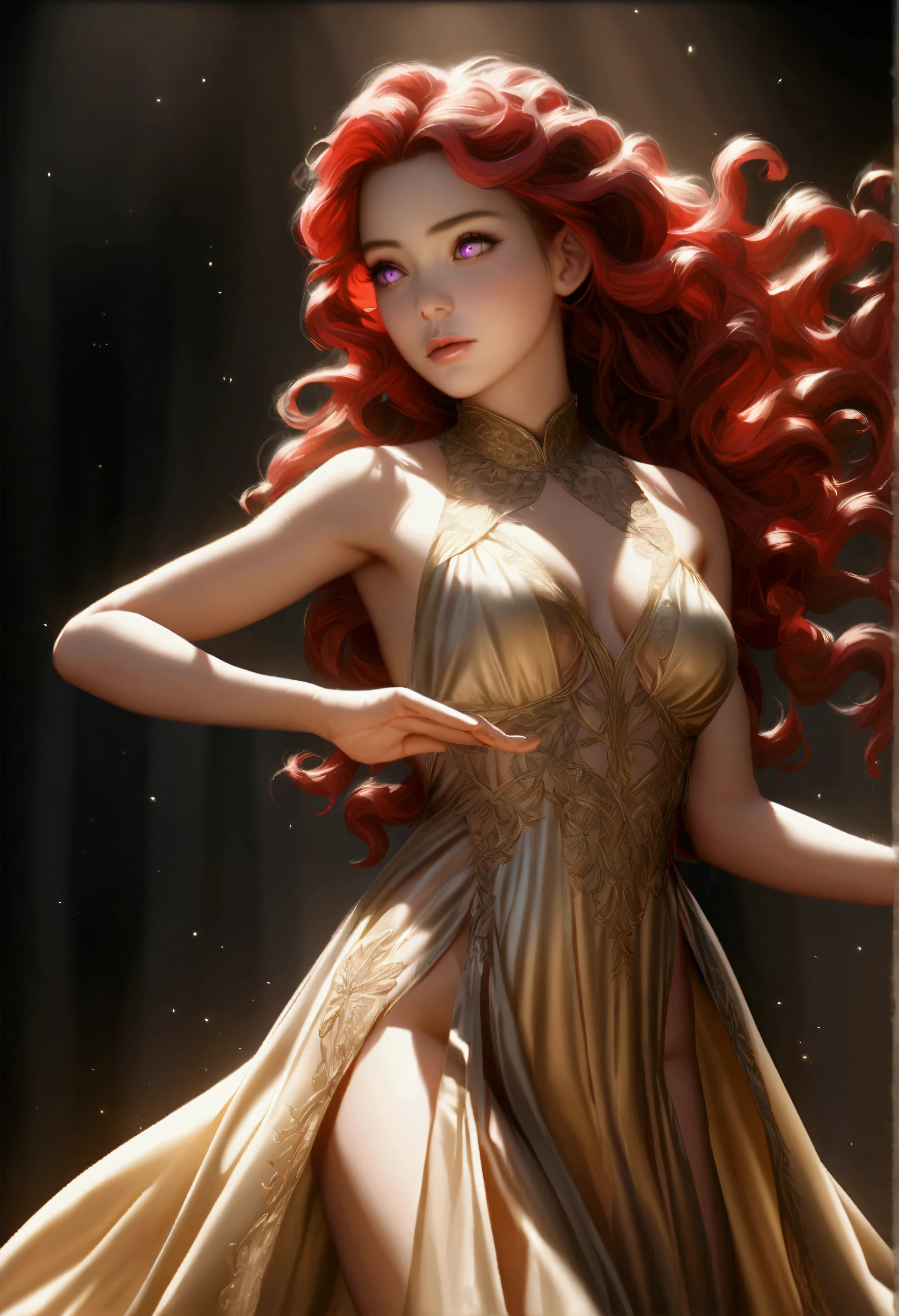 detailed portrait of a young woman with fiery red curly hair, large violet eyes, almond skin, performing a ritual dance, sheer golden silk gown with intricate embroidery, no underwear, 8k, photorealistic, cinematic lighting, chiaroscuro, dramatic shadows, magical, mystical, ethereal