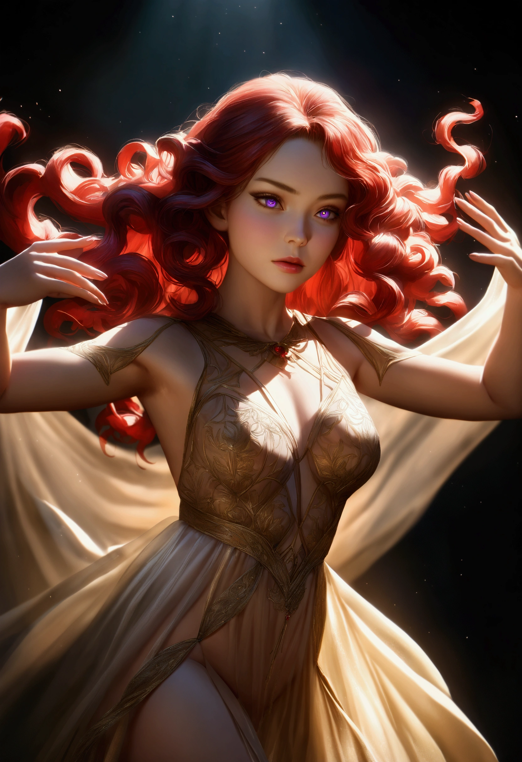 detailed portrait of a young woman with fiery red curly hair, large violet eyes, almond skin, performing a ritual dance, sheer golden silk gown with intricate embroidery, no underwear, 8k, photorealistic, cinematic lighting, chiaroscuro, dramatic shadows, magical, mystical, ethereal