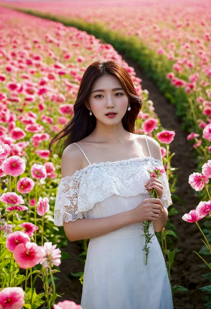 Close up of woman in flower field, Beautiful young Korean woman, Portrait of a girl in a flower field, beautiful korean girl, Stunning young Korean woman, standing in the flower field, girl standing in the flower field, The Girl in the Flower Garden, girl standing in the flower field, The Girl in the Flower Garden 정면, standing in the flower field