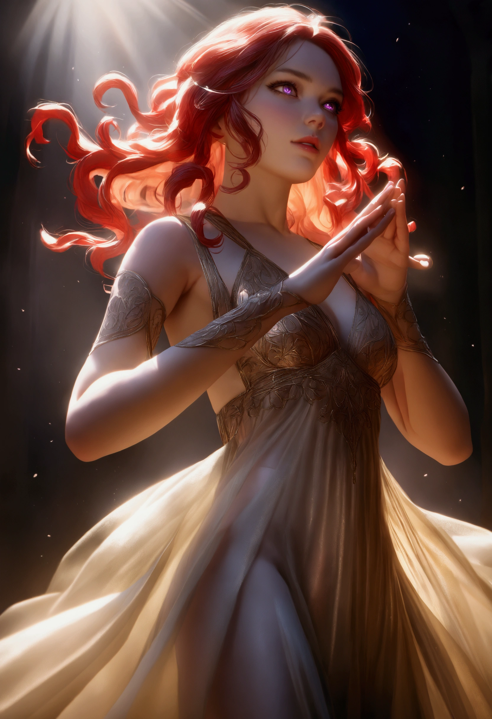 detailed portrait of a young woman with fiery red curly hair, large violet eyes, almond skin, performing a ritual dance, sheer golden silk gown with intricate embroidery, no underwear, 8k, photorealistic, cinematic lighting, chiaroscuro, dramatic shadows, magical, mystical, ethereal