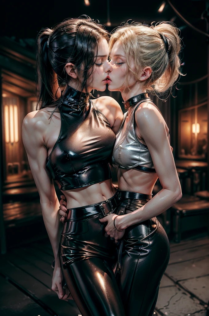 (Detailed illustrations, Very detailed and detailed drawing, Delicate lines with slow and rapid, Realistic texture expression), Two women with long blond hair, ponytail, (((passionate kissing))), kiss, (((eyes closed))), (((closed eyes))), erotic, (((one girl is touching the other sensually and grabbing her crotch))), ((intimate)), ((hand in pants)), ((empty playground background with neon lights)), CyberpunkAI, punk, (((skinny figure, thin waist, narrow hips, slim legs, large breast, athletic body))), (((sleek ultra low rise shiny and ultra glossy leather pants or skirt))), ((navel piercing)), strong abs, white tank top, latex bustier, ((black leather collar)), ((exposed thong)), (sleek small short sleeve leather jacket), ((multiple belts and leather straps))