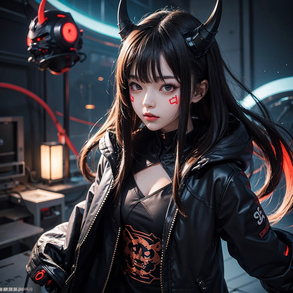 Anime girl wearing cyber oni mask