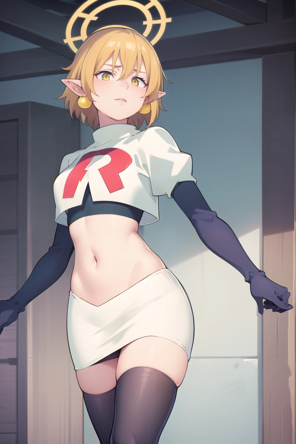 (Masterpiece), (realistic skin texture), extremely detailed, best quality, woman, short hair, blonde hair, yellow eyes, long twintails, pointy ears, halo, gold and purple earrings, team rocket,team rocket uniform,white skirt,red letter R,crop top,black thigh-highs,black elbow gloves