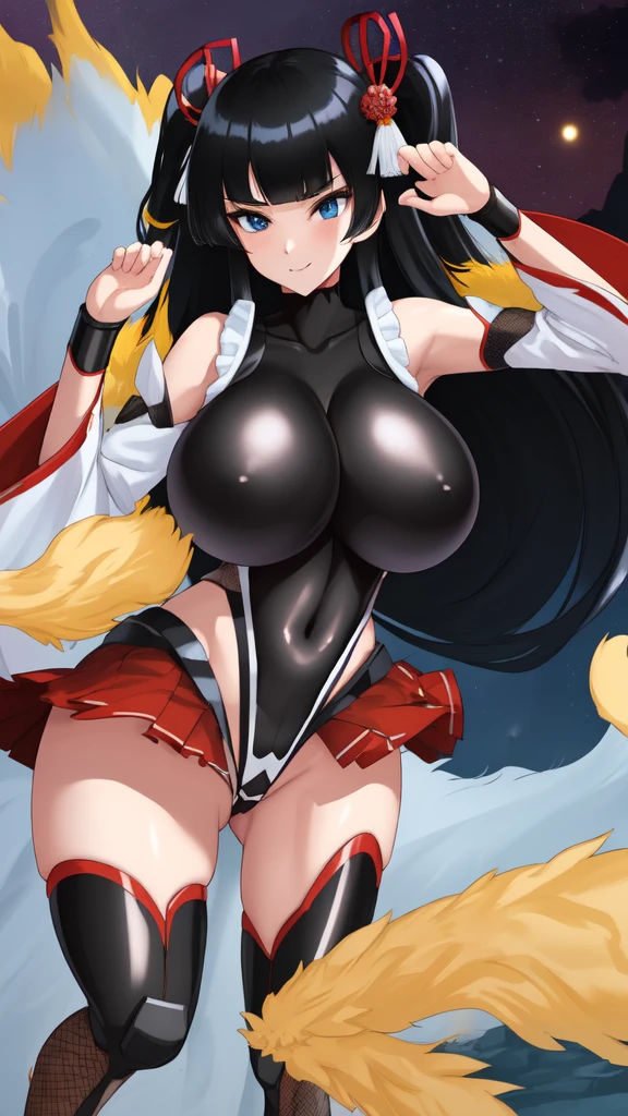 masterpiece, best quality, CG, wallpaper, HDR, high quality, high-definition, extremely detailed, taimanin leotard,  Girl in Japanese shrine maiden outfit, (Hime cut), (super long black hair),(((straight bangs, blunt bangs))),(White headband), Blue eyes, super long black hair, hair ornament, ribbon, smile, Showing her breasts, (Huge breasts:1.3), Cleavage, White kimono, Shoulder-exposing sleeves, open-chested costume, Short skirt, Red Skirt, (upskirt), cameltoe, serious expression, fighting pose, dynamic pose, city, night,  thick thighs, narrow waist