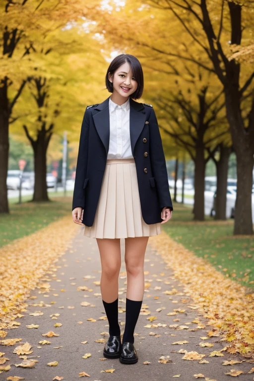 (((Top image quality、8k、One woman)))、((Beautie、Beautuful Women、cute little))、Japan 、sexy legs、Wearing a uniform、Random Poses、Colored leaves、Landscape of autumn leaves on nature background、modeled、solo、nightcity、Stylish clothes、Fashionable clothes、natural make up、20yr old、japanes、A smile、ssmile、Shortcut Hair、Wearing loafers、Over-the-knee skirt