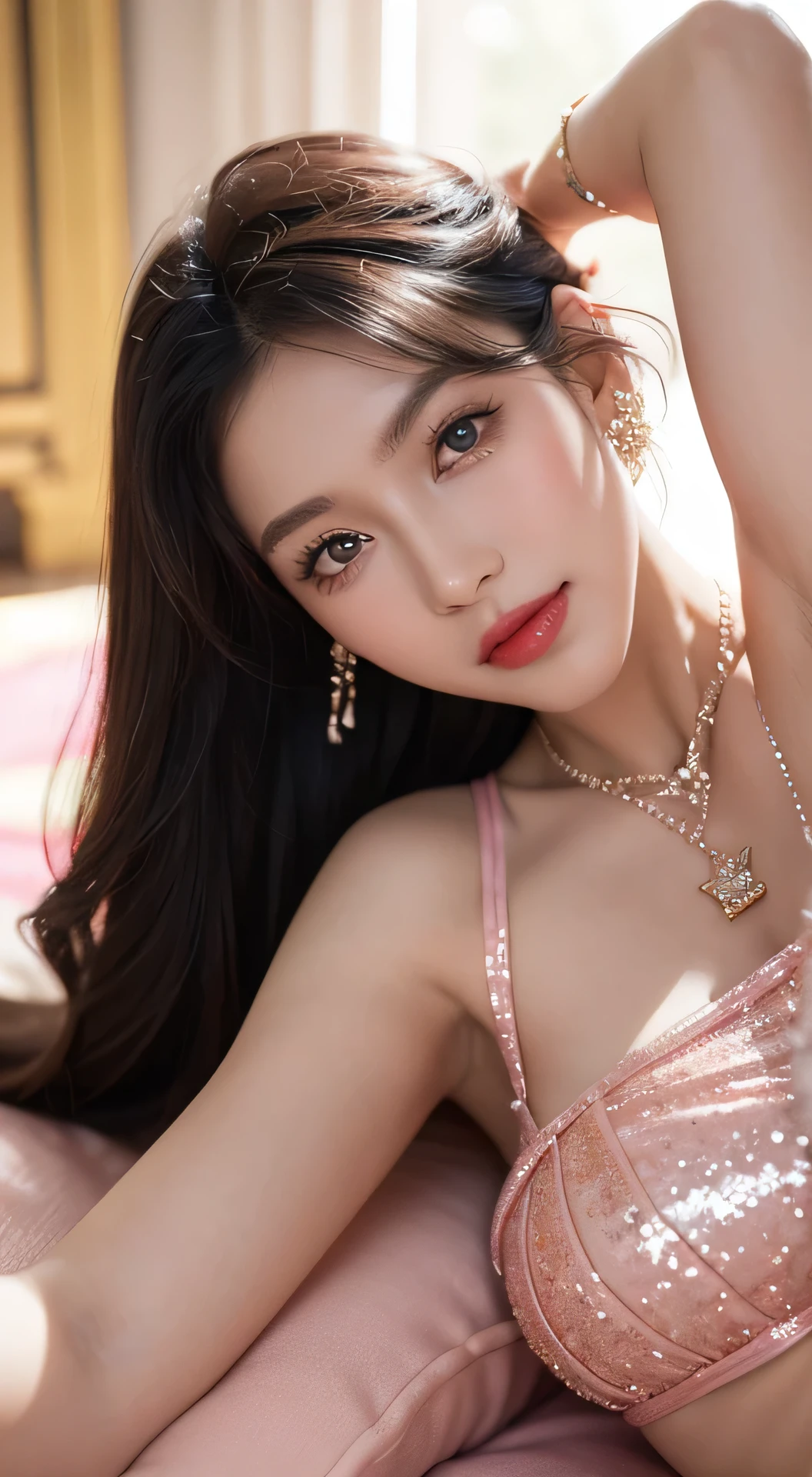 1 girl, toned sexy abs, navel, beautiful face, silk pink embroidered palace dancer dress,see-through: 1.5, 22 years old, gummy smile, ancient egyptian palace, sunlight on face, cute, necklace, blue eyes, tied long brunnete hair, bracelets , queen earings, jewellery, piercing, ultra realistic, front view, looking at the viewer, Glitter eyeliner:1.5, shiny earings, shiny red lips, fair white skin:1.5, eyeshadows: 1.3, thin cheeks, blush, pink cheeks, seductive pose, both arms behind the head, lying on the floor