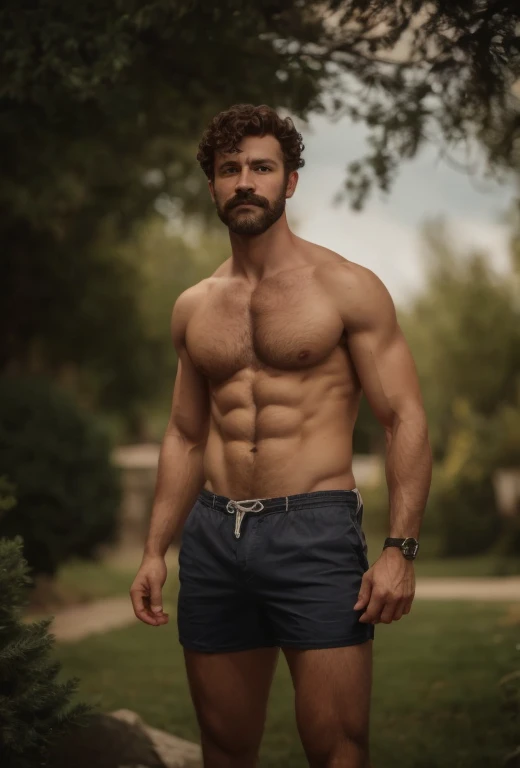 ( 8k, awarded, Best Quality), High Definition, Super detail, High detail, anatomically correct, perfect illustration, White man, muscular, 32 years old, Six feet, short curly hair, a mustache and beard, pectorals and abdomen with a lot of hair