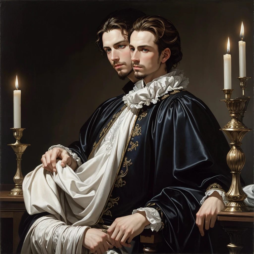 Portrait of Christopher Marlowe, white skin, piercing icy blue eyes, silky golden-brown hair, refined features, charp jawline, clean shaved, Elizabethan clothes, Shakespearen clothes, black Elizabethan velvet jerkin, white laced shirt, soft light, candlelight, chiaroscuro, masterpiece, oil painting, oil on canvas, Renaissance, Caravaggio style, realism, high quality