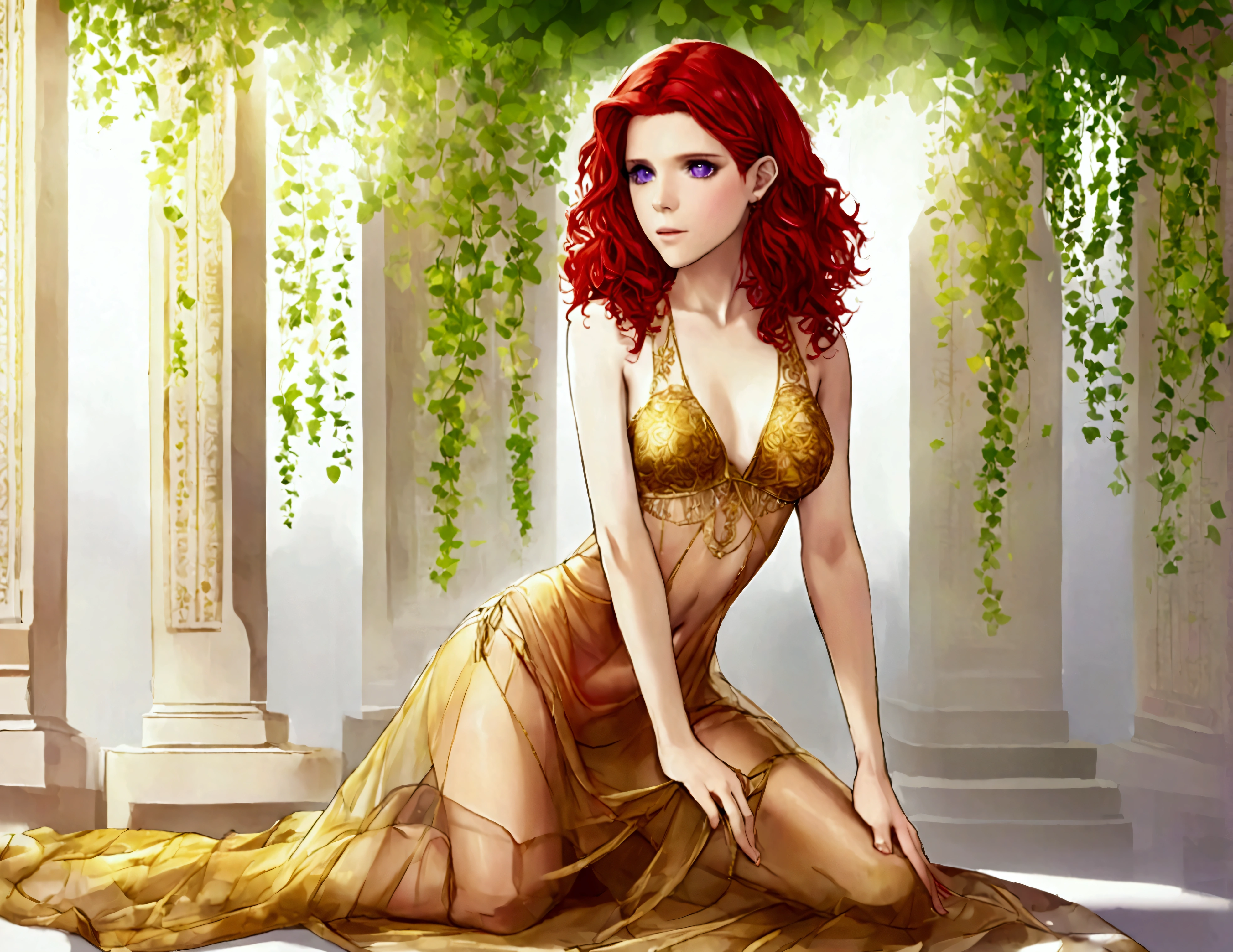 Kate Mara, age 25 (sun elf, almond skin, fire red hair curly, over large violet eyes, sheer golden silk gown with intricate embroidery, no underwear) doing a ritual dance to greet the sun, ivy covered shrine