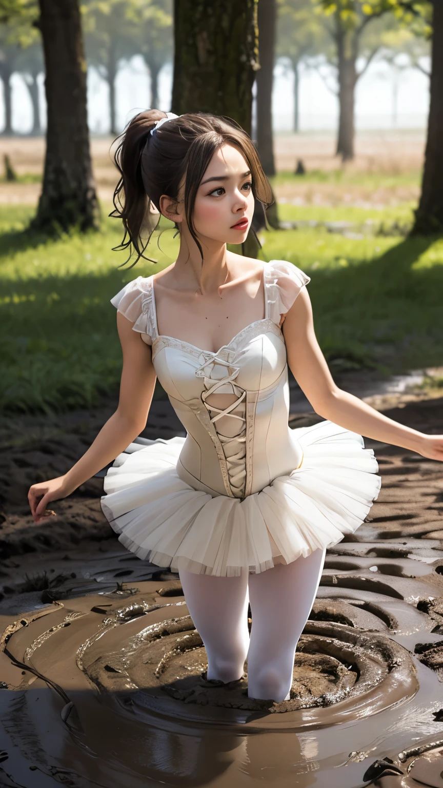 1 girl, masterpiece, High quality, UHD 32K, Realistic face, Realistic skin feeling, Very cute face, CUTE GIRL, brown hair, ponytail, ballerina, slender, skinny, tutu, breasts, outdoors, (sinking in mud), upset, scared