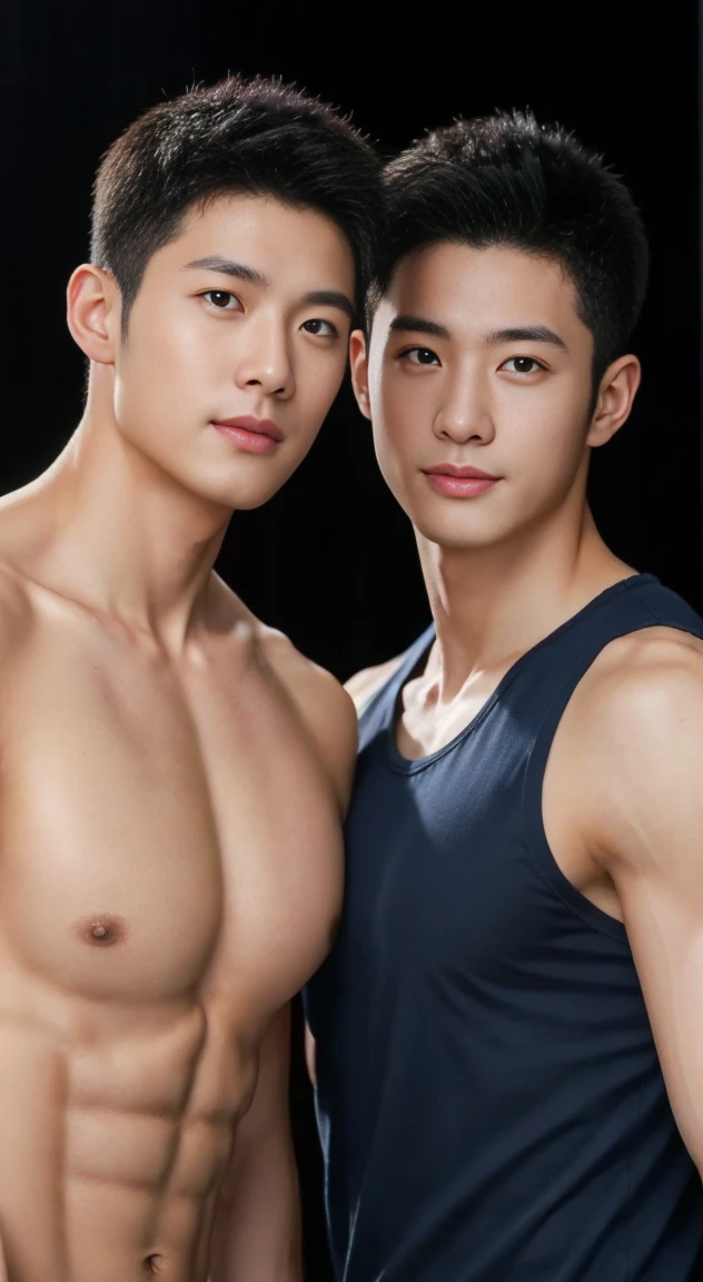 Two gay men in their 20s taking a group photo...., Wear a navy shirt......................, high resolution, masterpiece, best quality, head:1.3,((Hasselblad photos)), fine skin, Full chest muscles，abdominal muscles，Shirtless，very handsome，clear focus, (Cinema lighting), at night, soft light, dynamic angle, [:(Detailed face:1.2):0.2],(((exercise))), sports, Arm muscles are very big........., hands on hips.