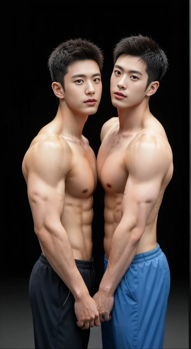 Two gay men in their 20s taking a group photo...., Wear a navy shirt......................, high resolution, masterpiece, best quality, head:1.3,((Hasselblad photos)), fine skin, Full chest muscles，abdominal muscles，Shirtless，very handsome，clear focus, (Cinema lighting), at night, soft light, dynamic angle, [:(Detailed face:1.2):0.2],(((exercise))), sports, Arm muscles are very big........., hands on hips.