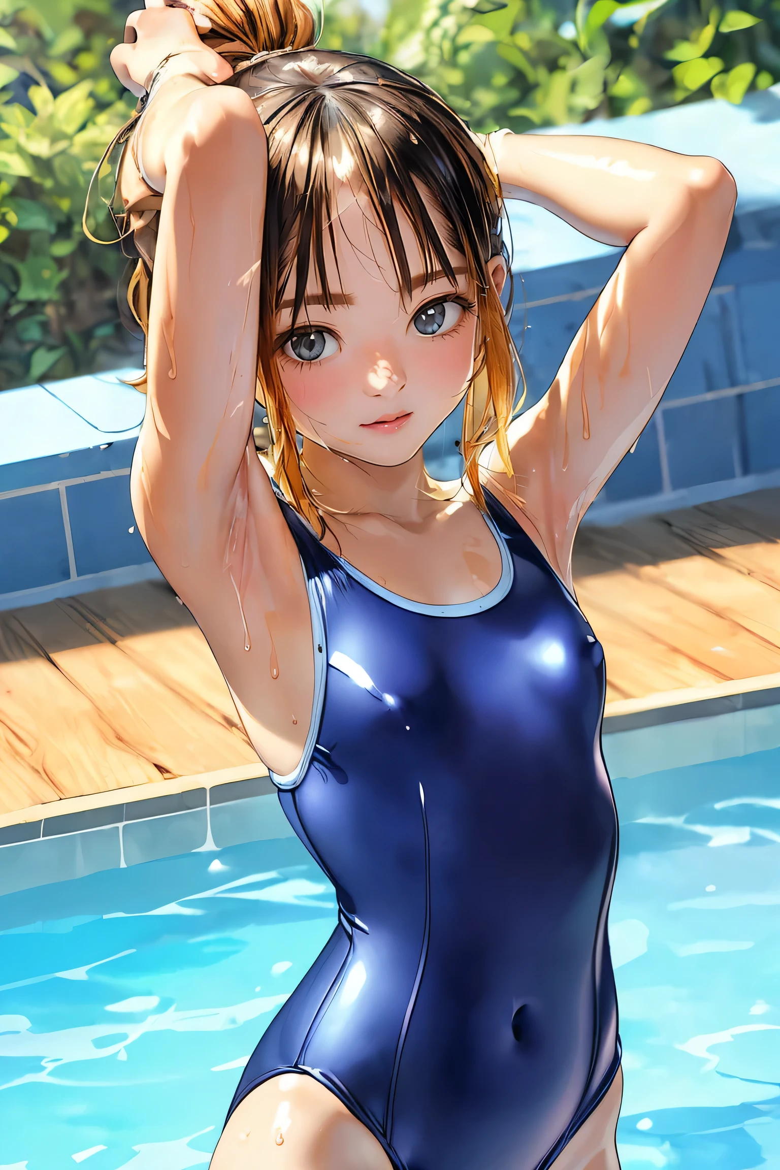 (8kHigh resolution), (Highest quality), (RAW quality ),(Cowboy Shot:1.2), (Realistic), (Realistic:1.37), Big eyes,Long eyelashes,Browsing Caution, solo girl, (Poolside in midsummer:1.5)，(Standing by the pool:1.5)，(Standing by the pool女性:1.5)，(14 year old female:1.3)，(Old Japanese navy blue school swimsuit:1.5)， (One Piece Old School Swimsuit:1.5)， (One Piece High Cut Swimsuit:1.5)，Cute Face, Delicate and beautiful features ,Well-proportioned face, blush, Troubled face,  Slender body,  Sweaty body, Small breasts, Protruding nipples , Very detailed,  (masterpiece:1.5),  (Highest quality:1.2), 8k, High resolution, High resolution, Professional photos, Exquisite detail, Sharp focus, Exquisitely crafted, Award-winning photography, Small catchlight, Beautiful lighting, Facial Symmetry, key ring, whole body, Poolside, Looking at the audience, Pussy juice, Students see,(Small breasts:1.5)，(Skinny girl:1.5)，(Baby Face:1.5)Hildish face:1.5)，(blush:1.2)Hill Dish Body:1.3)，(Oily and shiny skin:1.5)，(14-year-old junior high school student:1.3)，(Sunburned, Sunburn:1.4), (Please show me your armpits:1.3)，(whole bodyが濡れている:1.3)，(Showing wet armpits:1.3)，