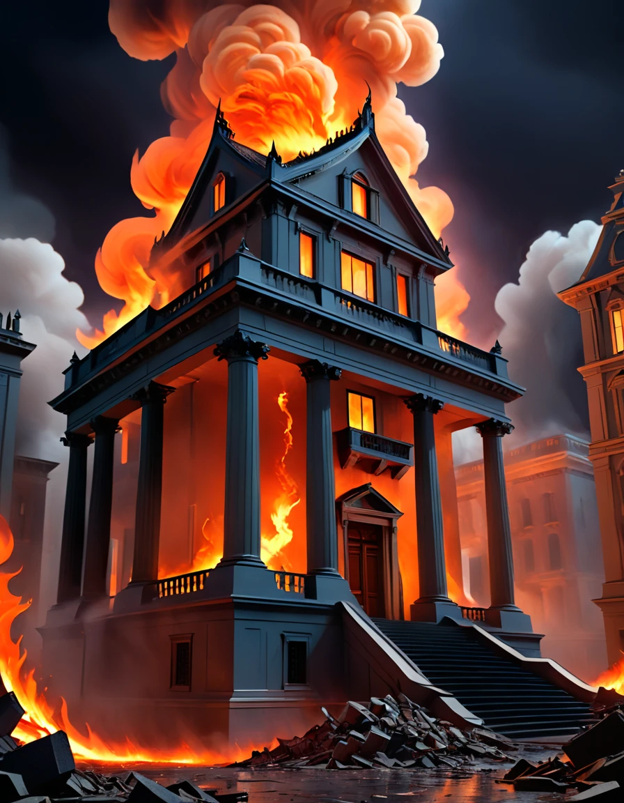 a burning white house, donald trump as nero, dramatic scene, cinematic lighting, billowing smoke, orange flames, chaos and destruction, intricate architectural details, intense colors, moody atmosphere, epic scale, masterful chiaroscuro, photorealistic, unreal engine, 8k, hyper detailed, award winning cgi, stunning realism, dramatic contrast, cinematic composition, digital art, matte painting, concept art