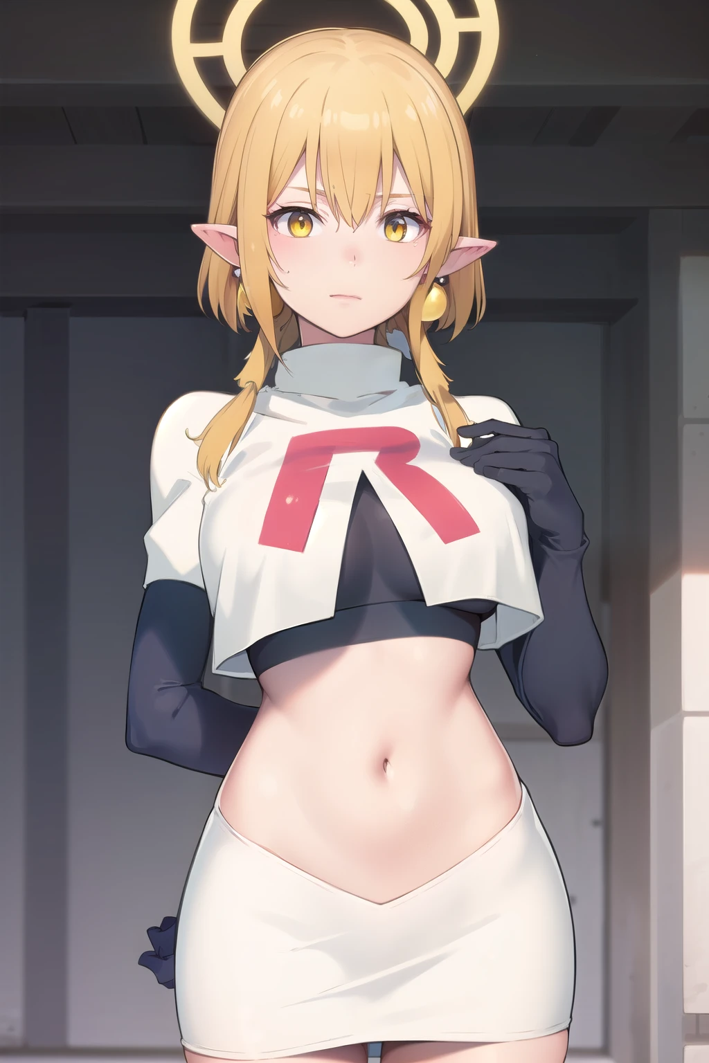 (Masterpiece), (realistic skin texture), extremely detailed, best quality, woman, short hair, blonde hair, yellow eyes, long twintails, pointy ears, halo, gold and purple earrings, team rocket,team rocket uniform,white skirt,red letter R,crop top,black thigh-highs,black elbow gloves