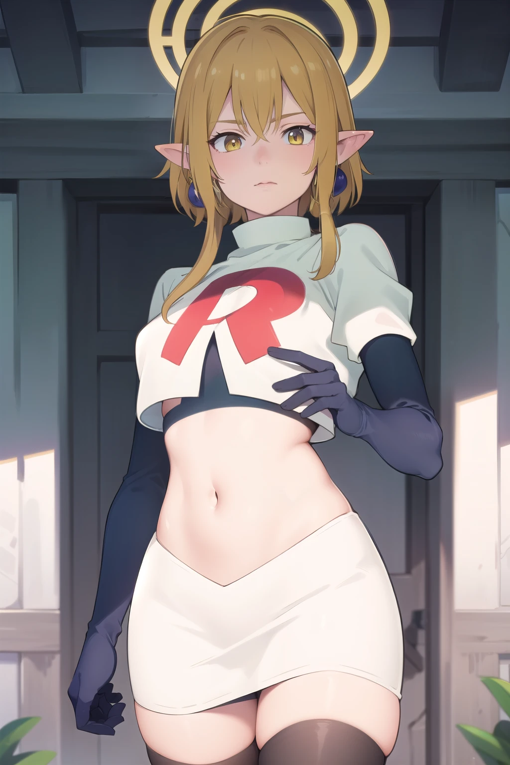 (Masterpiece), (realistic skin texture), extremely detailed, best quality, woman, short hair, blonde hair, yellow eyes, long twintails, pointy ears, halo, gold and purple earrings, team rocket,team rocket uniform,white skirt,red letter R,crop top,black thigh-highs,black elbow gloves