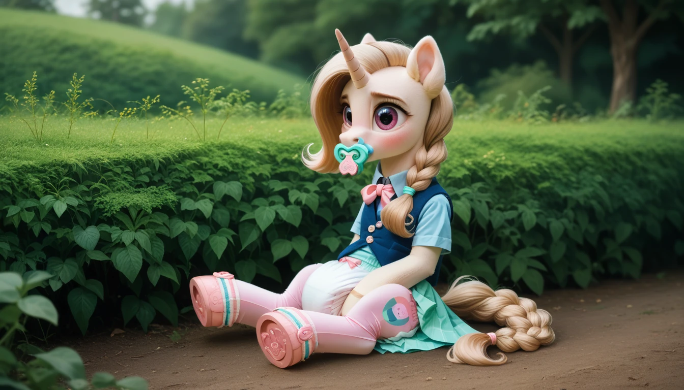 pony, light caramel unicorn, adult mare, plum eyes, lush mane braided, bushy tail, is sitting, dressed in a vest and booties, pacifier in mouth, solo, thick diaper under clothes, pink blush on cheeks, Embarrassment, Awkwardness. 