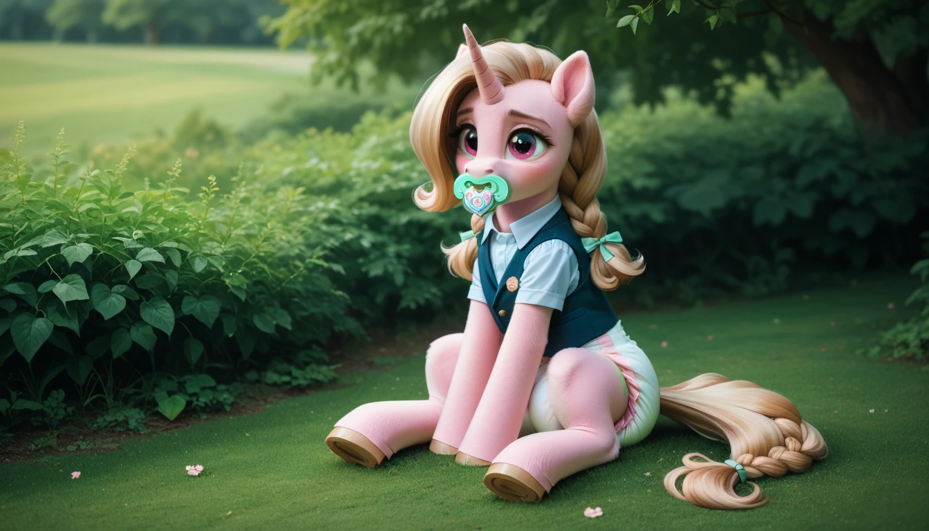pony, light caramel unicorn, adult mare, plum eyes, lush mane braided, bushy tail, is sitting, dressed in a vest and booties, pacifier in mouth, solo, thick diaper under clothes, pink blush on cheeks, Embarrassment, Awkwardness.