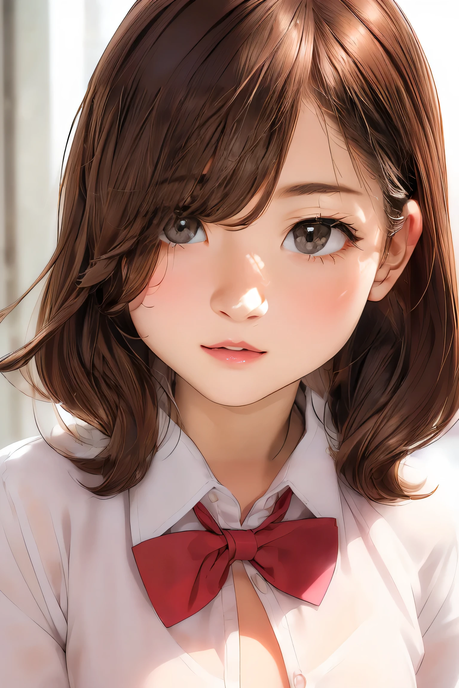 (8K high resolution), (Highest quality), (RAW quality),(Tabletop:1.2), (Realistic), (Realistic:1.37), ,Big eyes,Long eyelashes,1 girl, single, alone, pretty girl、Upper body photo、((Beautiful eyelashes, Realistic eyes)), ((Detailed face, blush:1.3)), ((Smooth texture:0.75, Realistic texture:0.65, Realistic:1.1,)), Small breasts, Dynamic Angle, Perfect body, ((Red bow tie, , , White open shirt:1.5)), ((Average appearance:1.5))，((Upper body photo:1.5))、(Small breasts:1.5)，(Skinny girl:1.6)，( Face:1.3)，(Young Face:1.8)，(very young body:1.5)，(chest exposed through open shirt:1.6)，(Nearly naked:1.6)，(sexual expression:1.6)，(your breasts are fully visible...:1.5)，(Young pink nipples visible:1.5)，((Gal-like brown hair:1.5))、(Oily, Glowing Skin:1.5)，(13-yr-ouniorol student:1.6)，our chin:1.5)，