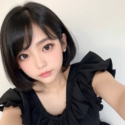 20-year-old women、Japanese、Beauty、The eyes are double、Frill dress、White Background、Beautiful Skin、Glossy Lips、Black short hair、Upper Body、selfie from above