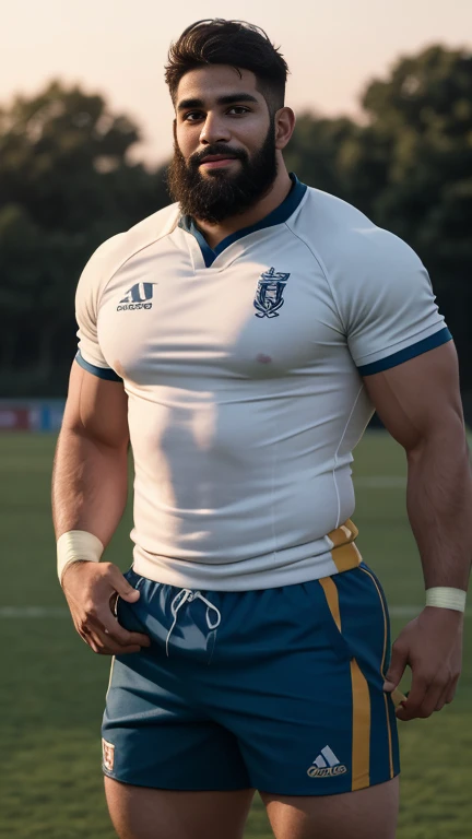 1 pale man rugby player ,Full body, rugby player, sport tight pants, vpl, rugby esportive dirty uniform , captivating large eyes, beard indian desi 30yo man with closed smile, large lips, volumeric light, wearing team rugby uniform, muscular chest, long legs, left neck look, neck tribal tattoo, Wide shoulders, nice detailed hands, field rugby bokeh background, colorful golden-hour vivid colors.