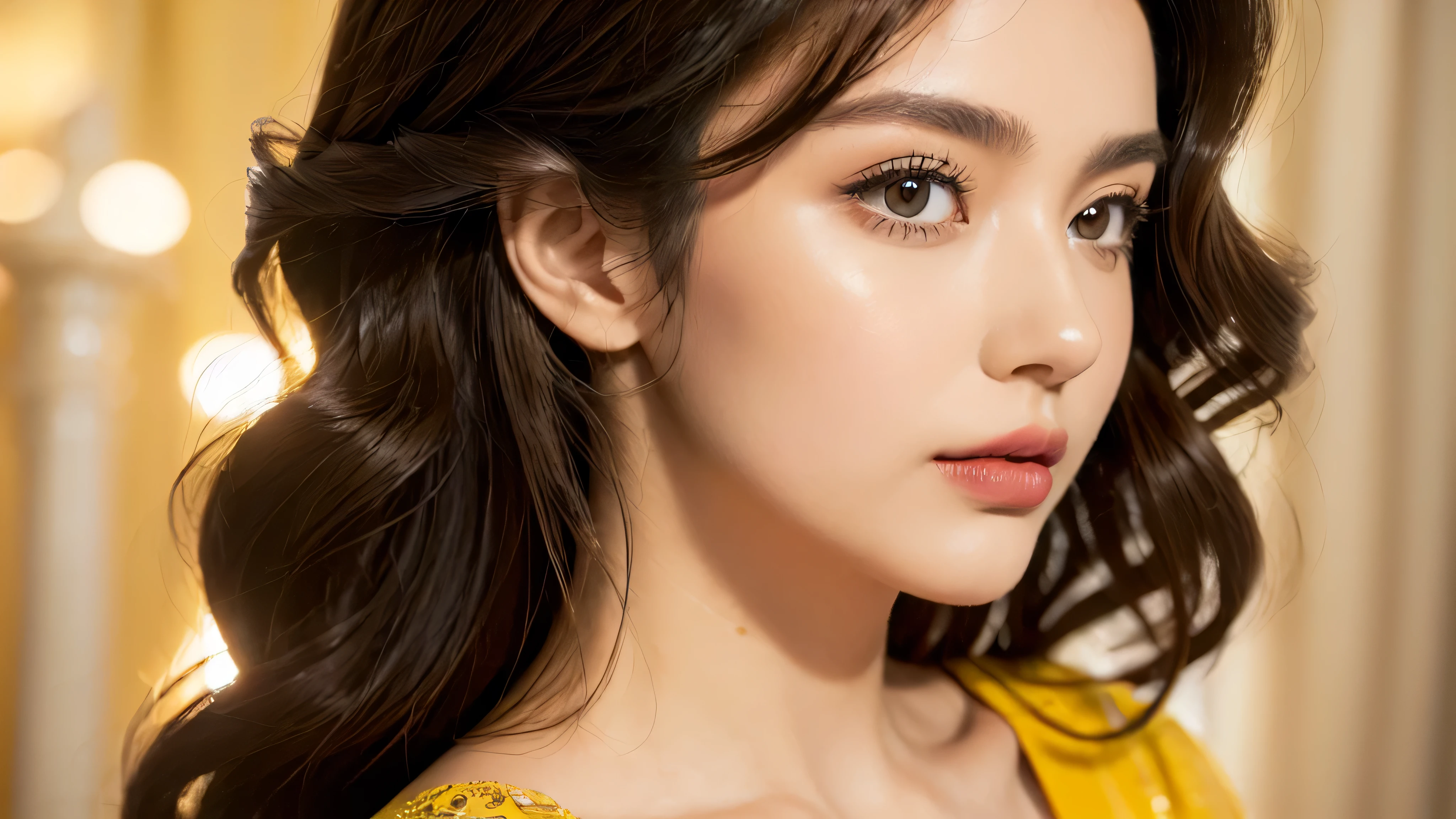 (((masterpiece: 1.5, best quality, high resolution: 1.3, Super resolution, super detail, super detail: 1.3, Rich Background: 1.2))), 1 girl, Alone, (Close-up photo of a beautiful 28-year-old girl in a classic light purple dress, beautiful makeup face: 1.2), stock photo film, camera f1. 6, Impressive classic lighting, Modern style, , Evening, Medium curly hair dyed light brown, (light yellow lipstick: 1.2)